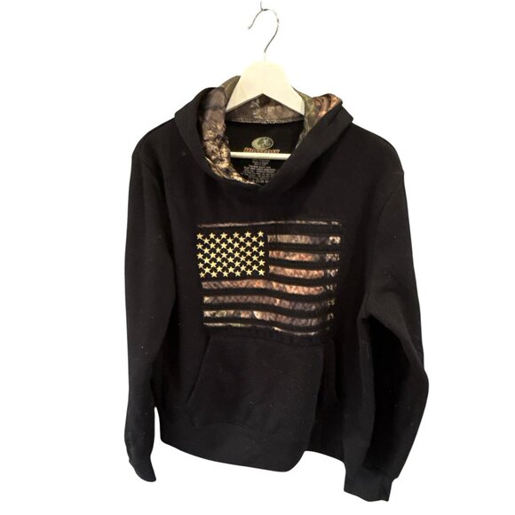 Mossy Oak Hoodie Medium Black Camo Hood American Flag Pullover Sweatshirt Sz M - Picture 9 of 10